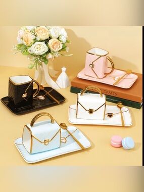 Ceramic Coffee Mug Handbag Shaped Tea Cup with Saucer&Spoon-COMES IN 5 colors🎉🍵